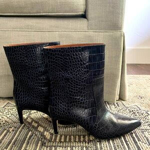 Paris, Texas brand navy embossed croco mid heel ankle boot